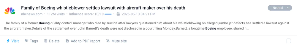 Boeing case study: A mention detected by Brand24, an AI social listening tool.
