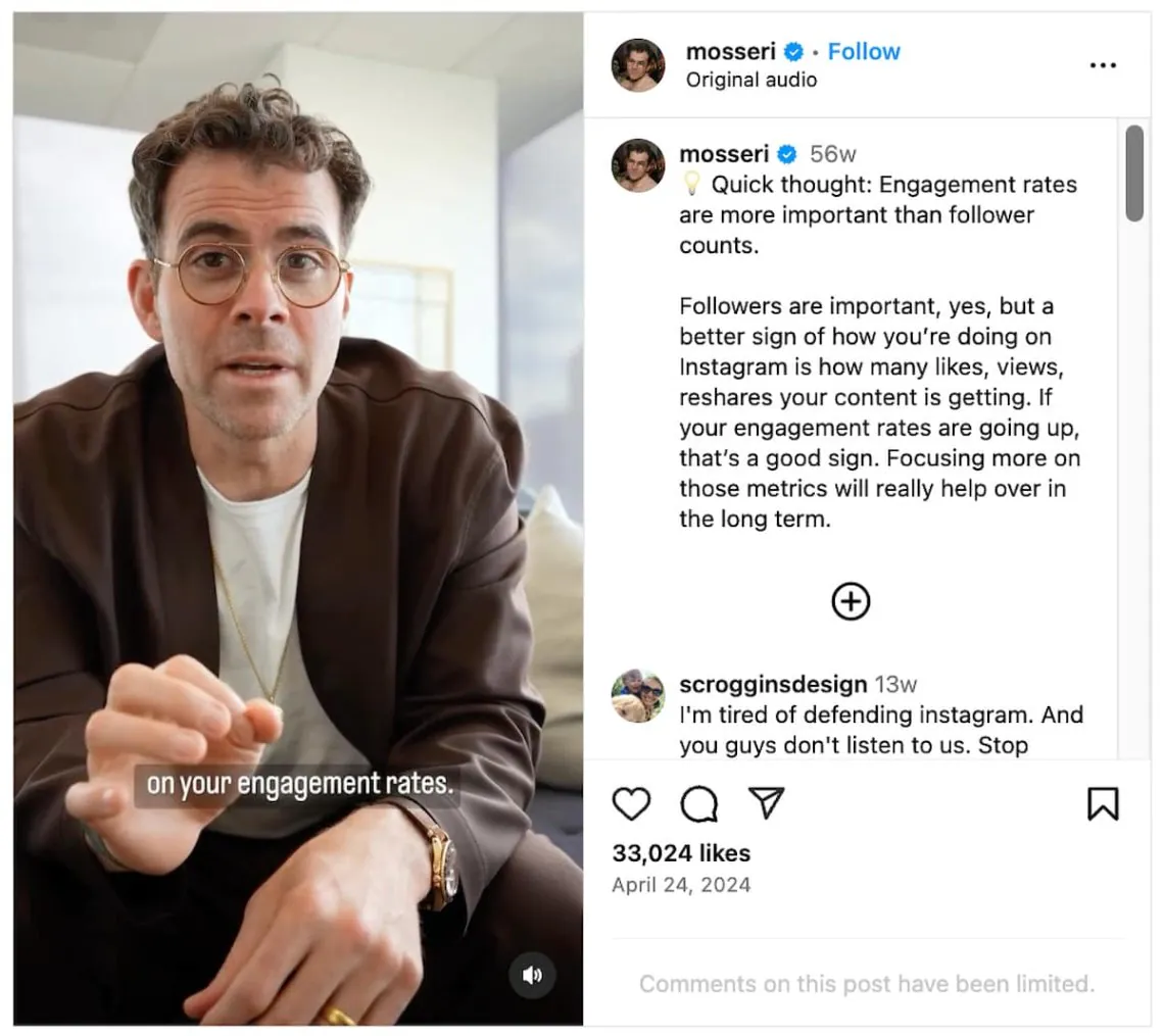 chefe do perfil do instagram mosseri