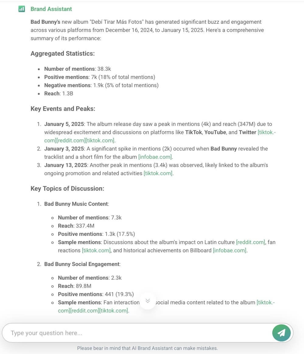 Response from Brand Assist to “Summarize the performance of Bad Bunny's new album”