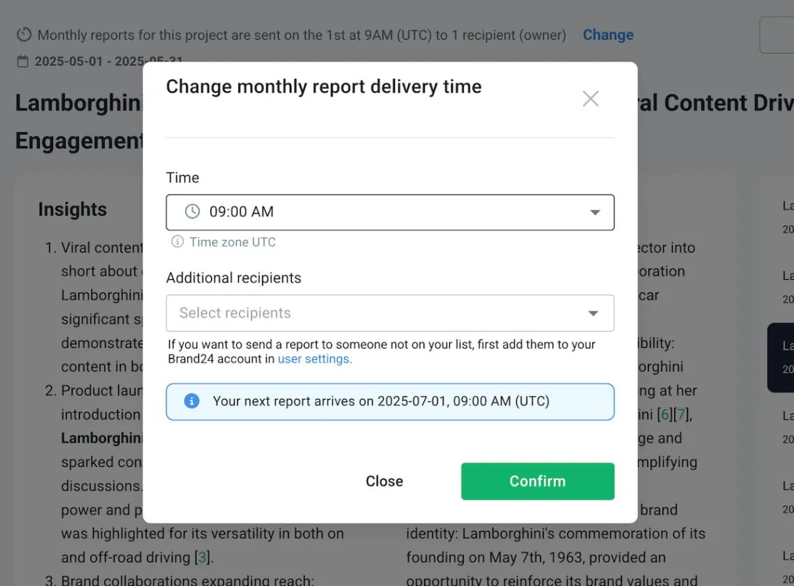 changing ai insights report settings in brand24