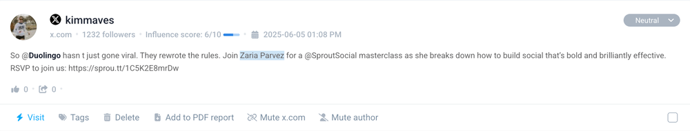 Personal reputation management: A mention found by Brand24, an AI media monitoring tool.