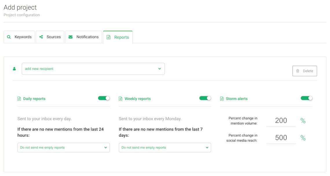 brand24 social listening project reporting settings