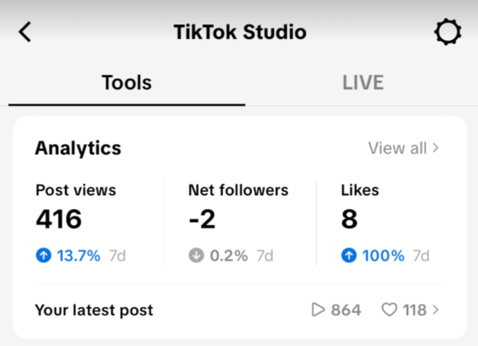 TikTok analytics: TikTok Studio or Business Suite.