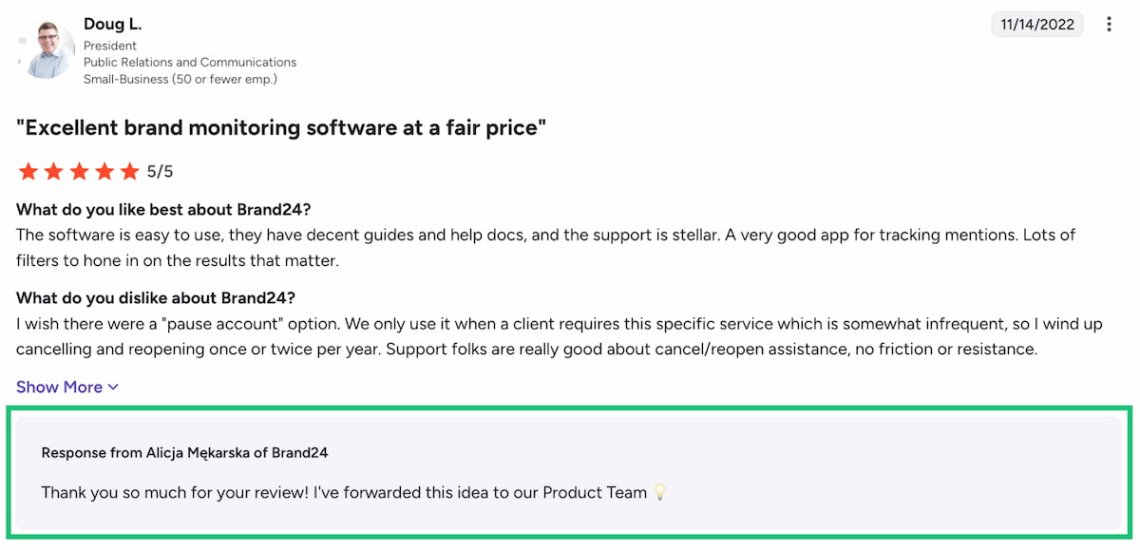 g2 review response to a brand24 comment