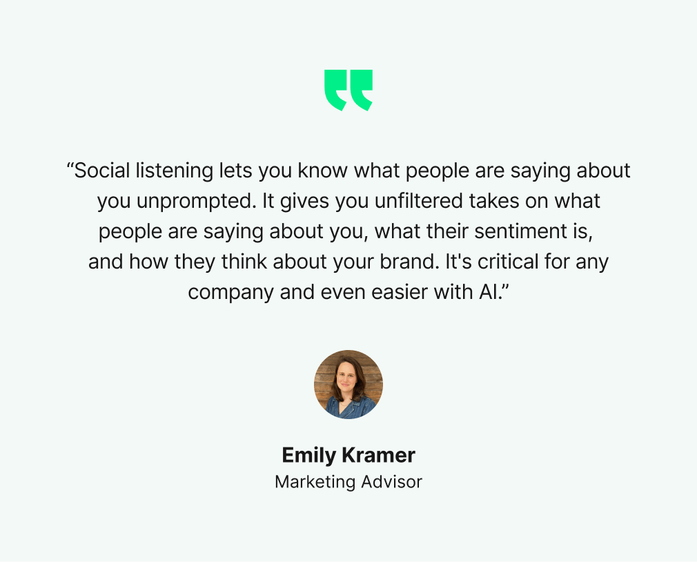 Emily Kramer's insight about using advanced social listening tools for discovering what people say about your business online. She's a marketing advisor and MKT1 owner.