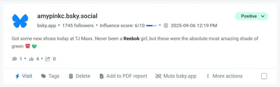 Ejemplo de un mention positivo publicado en Bluesky