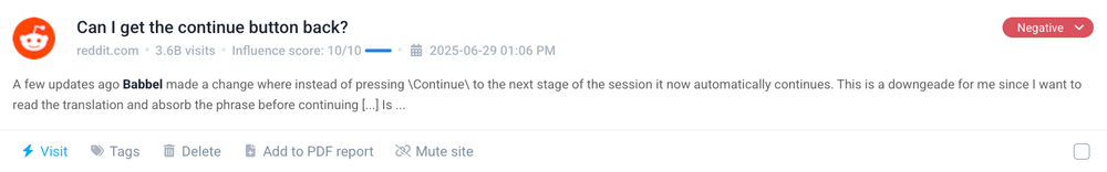 Target audience: A Babbel user's opinion about their recent update detected by Brand24.