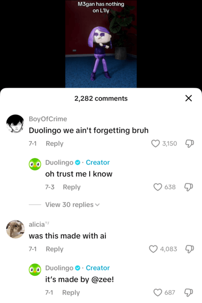 Duolingo (@duolingo) is probably the best brand when it comes to engaging with its TikTok community