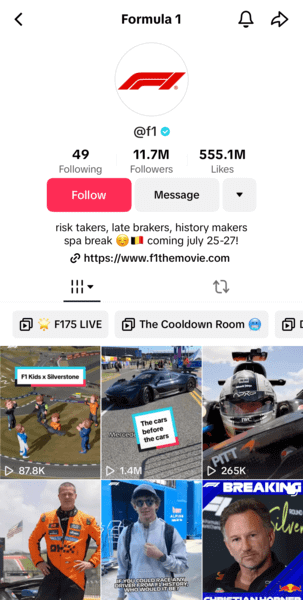 Formula 1 perfectly optimized profile on TikTok