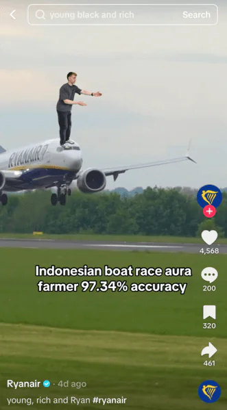 "Aura farming" trend on Ryanair's TikTok account.