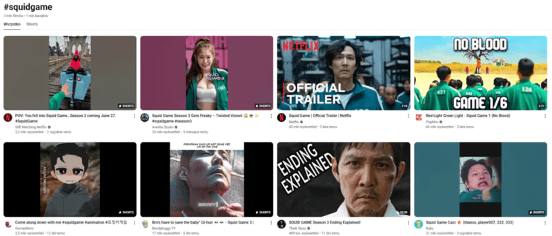A dedicated section featuring all videos with #SquidGame