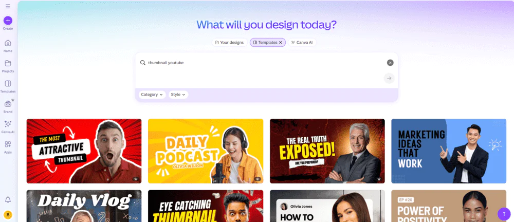 Canva offers templates for thumbnails