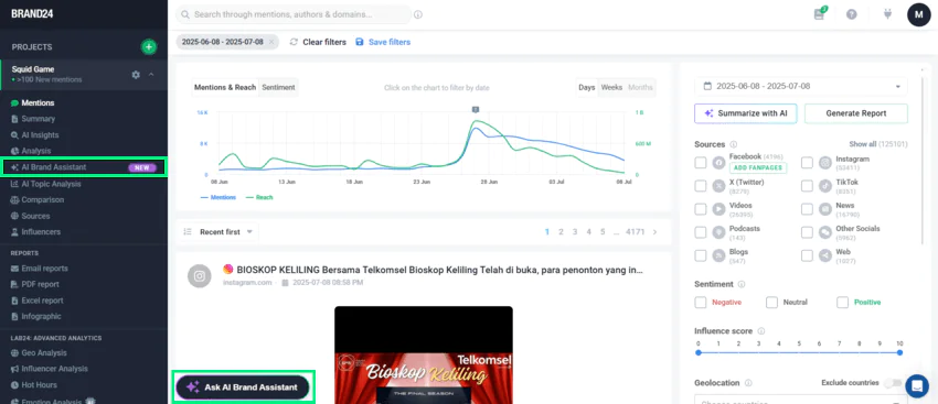In Brand24 dashboard you can find the Brand Assistant in two places: on the left-hand side (AI Brand Assistant tab) and at the bottom ("Ask AI Brand Assistant" button)