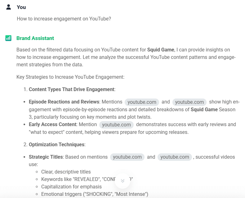 AI Brand Assistant in Brand24 will answer every question you have, for example "How to increase engagement on YouTube?"