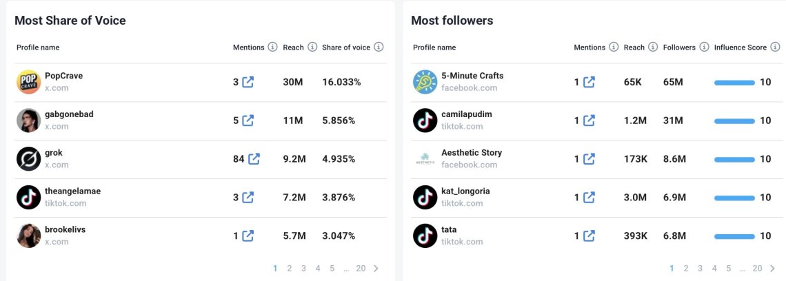Visual de las puntuaciones de los influencers y del Share of Voice de los usuarios para seguir el alcance y la participación de la marca.