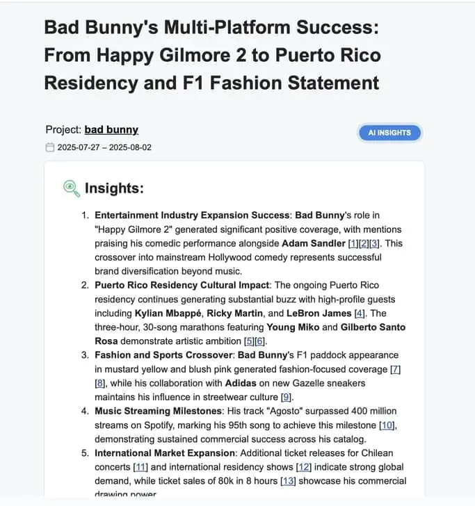 Alertas instantáneas basadas en IA para Bad Bunny mention enviadas a tu bandeja de entrada para una acción rápida.
