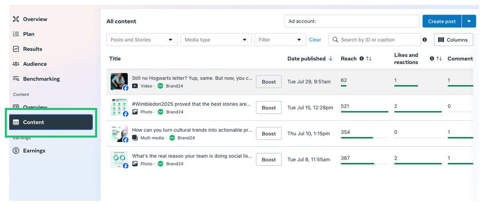 Facebook insights - Pestaña Contenido: Analiza el rendimiento de la página de Facebook y las métricas clave.