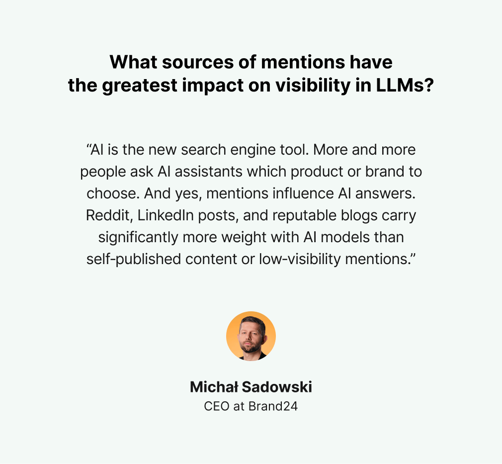 Michal Sadowski, Director General de Brand24, explicando cuáles son las fuentes de mention que más influyen en la visibilidad de las marcas en los grandes modelos lingüísticos (LLM).