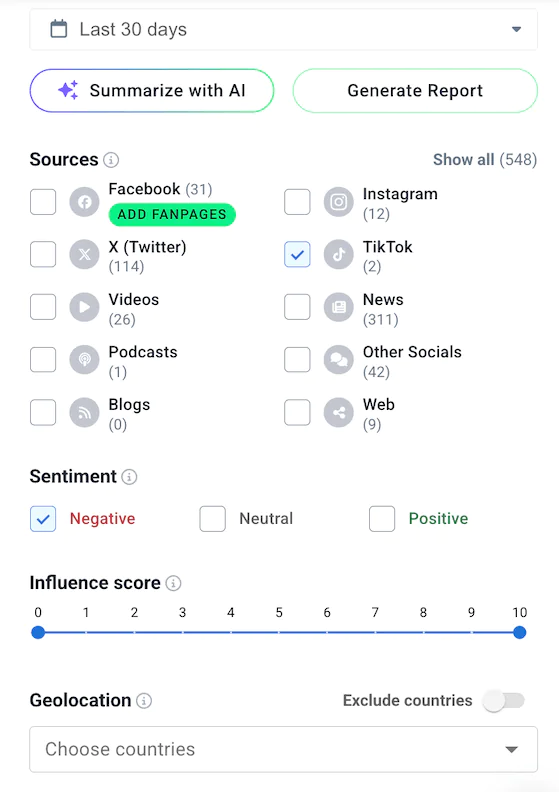 Filtros de la herramienta de análisis de las relaciones públicas