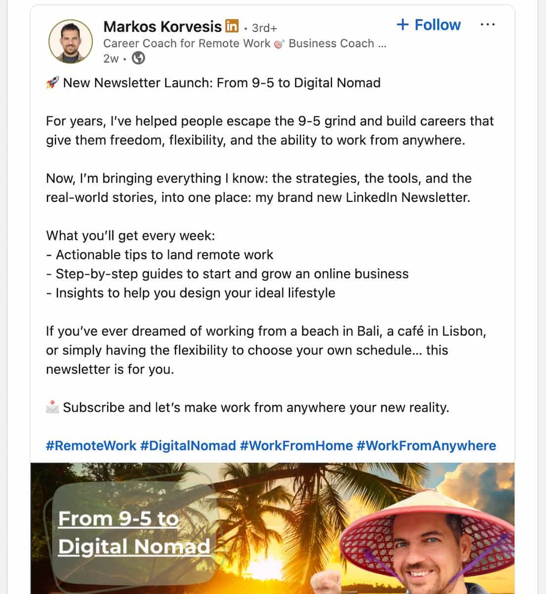 LinkedIn hashtags post example