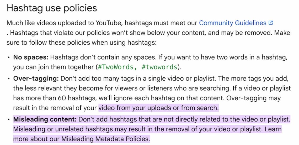Política oficial de YouTube sobre hashtags