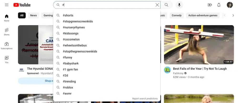 YouTube sugiere hashtags populares