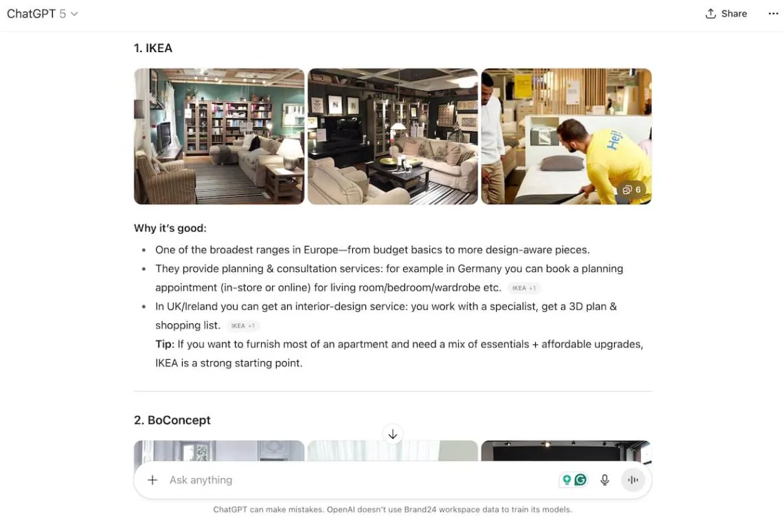 Ikea recommendation from ChatGPT