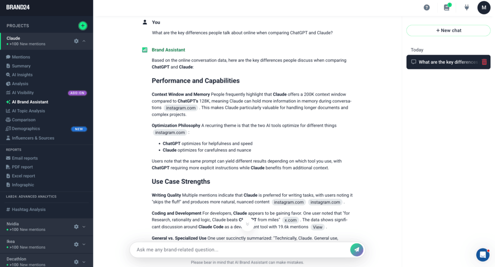 Best competitive analysis tools - Brand24 AI Brand Assistant view