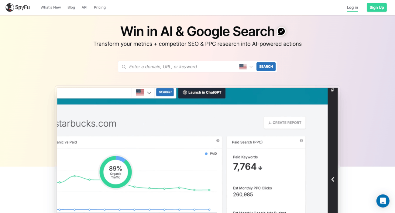 Best competitive analysis tools - SpyFu homepage view