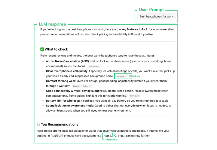 Infographic based on a real example - what is ai mention, ai citation and lllm response