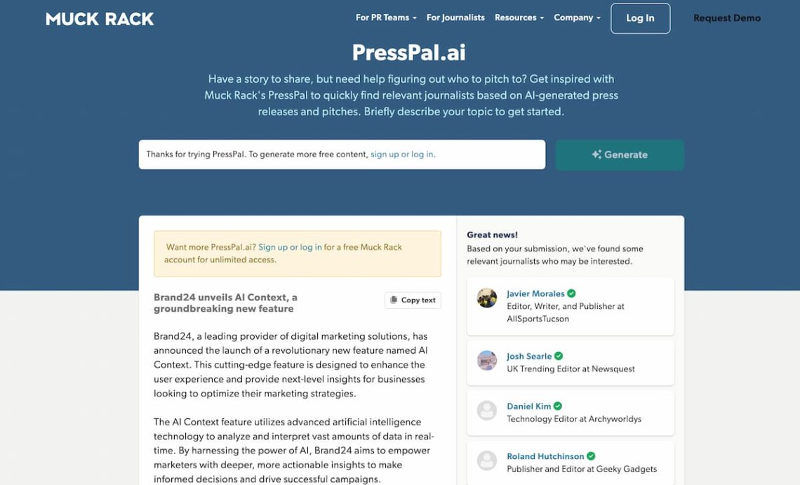 presspal.ai dashboard - ai tools for pr