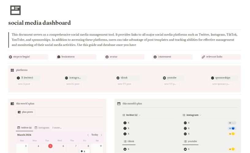 Project management tool for social media: Notion dashboard.