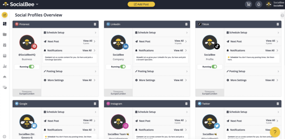 Social media management tool: SocialBee dashboard.
