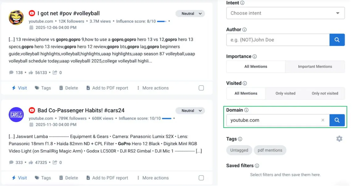 escucha social para el filtro de YouTube