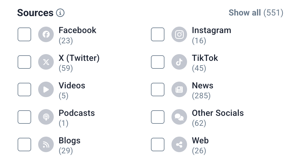 View of Sources in Brand24's panel that can help with social media brand engagement.