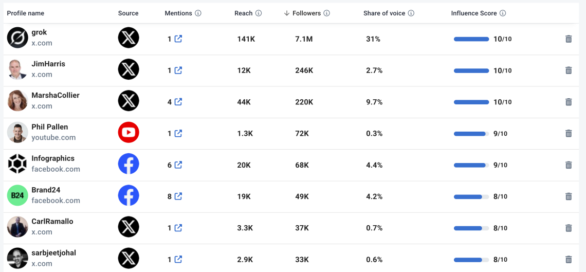 Listing of top influencers for a project in Brand24 that can help with social media brand engagement.