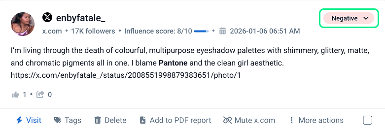 Brand24's mention showing a negative sentiment that can help with social media brand engagement.