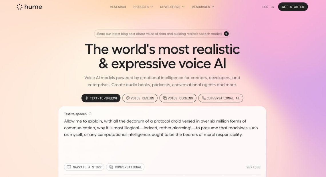 logiciel de détection des émotions Hume AI page