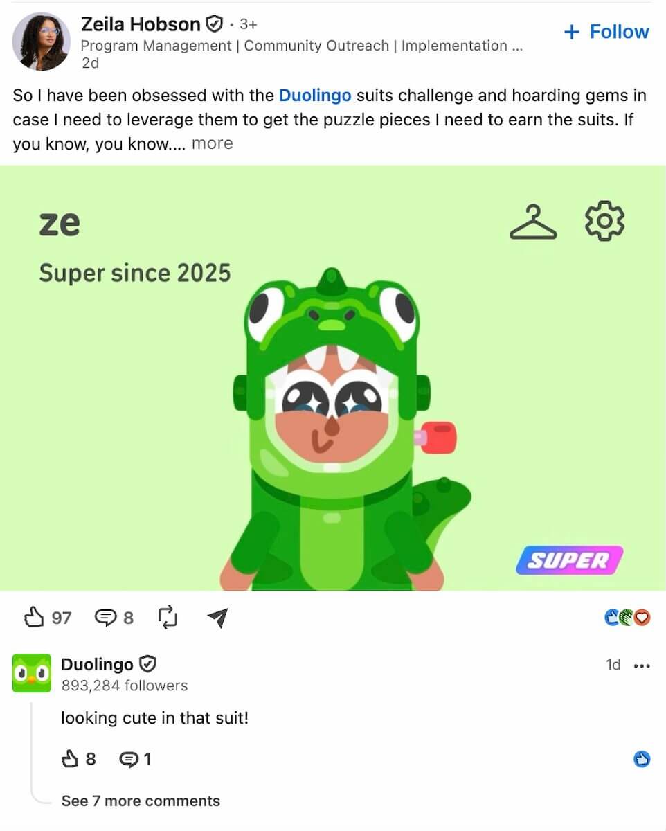 Duolingo participe à la discussion sous une publication LinkedIn