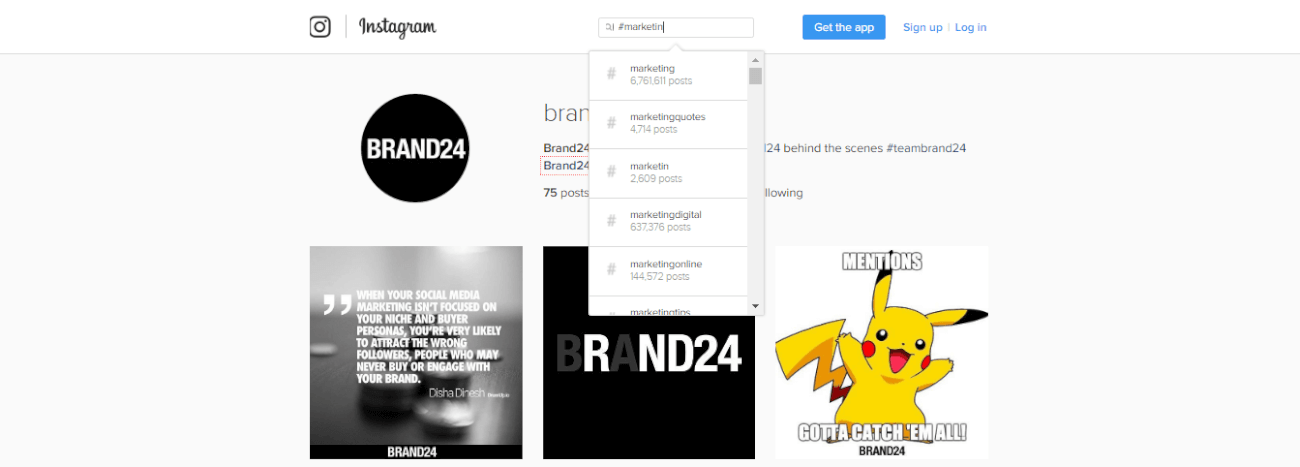 Screenshot showing Instagram hashtags in Instagram search engine