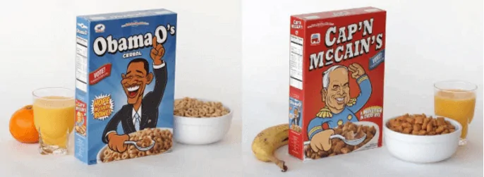 Obama O's y Cap'n McCain's cajas de cereales.