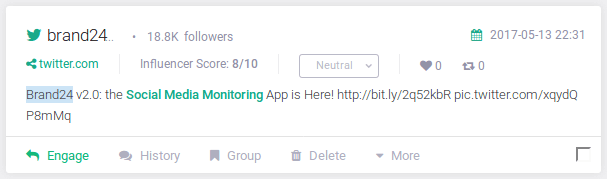 View of online mention inside project dashboard
