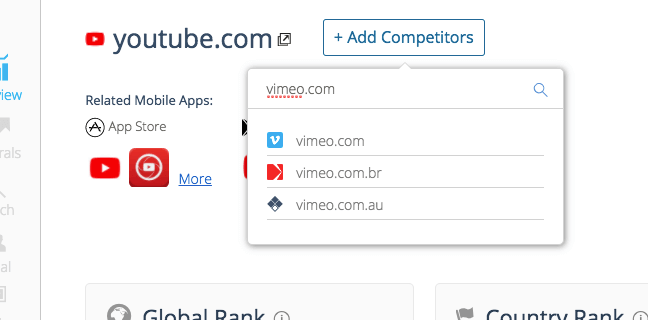 An image from SimilarWeb showing adding competitors for comparison – one of competitor analysis tools