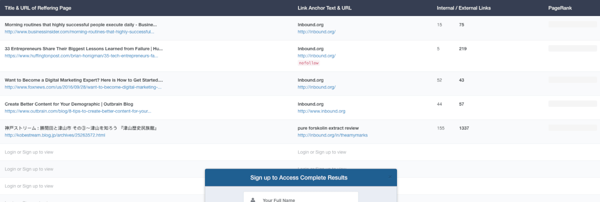 dashboard of Rank Signals, competitor analysis tool