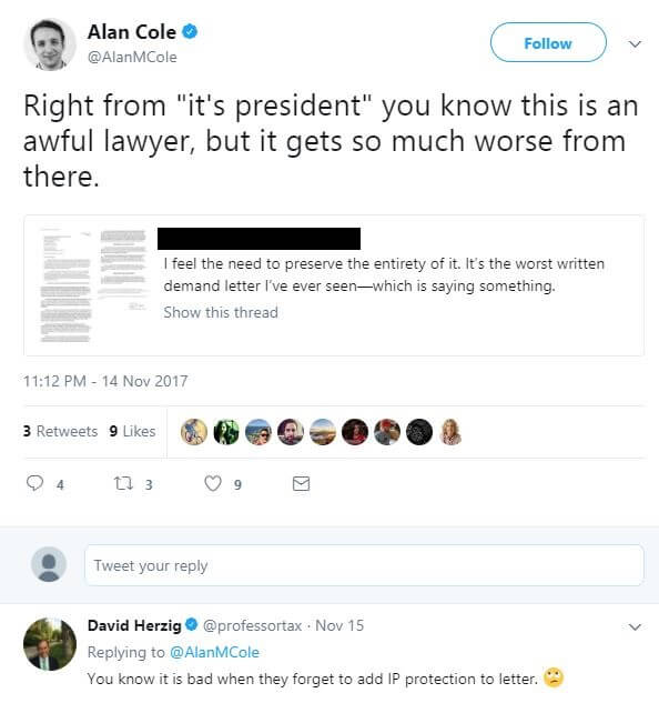 Tweet of negative comments made about a law firm