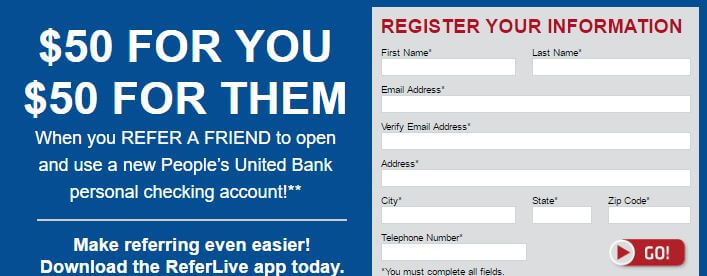 People's United Bank referral offer of $50 for you and $50 for referred customers