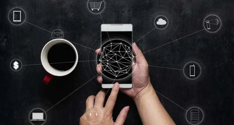 Man using digital device make payments online shopping and icon customer network connection on screen.