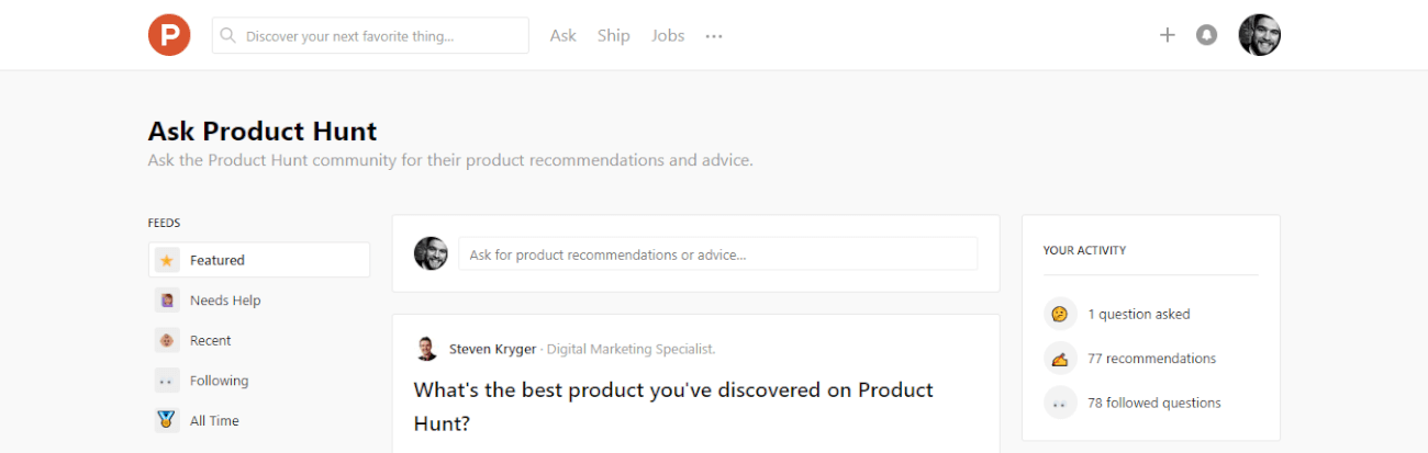 Una imagen que presenta la página de inicio de Ask Product Hunt.