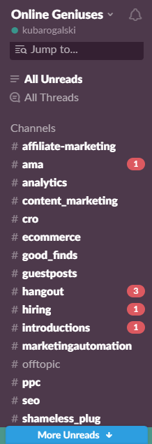 An image presenting a list of Slack channels.