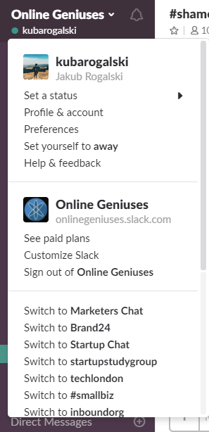 An image presenting where to find Preferences in Slack settings.